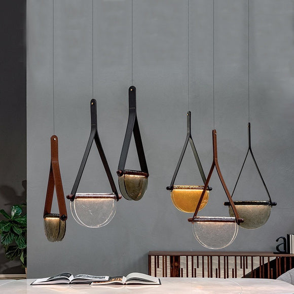 Modern Leather & Glass Bowl Pendant Light  Minimalist Hanging Lamp Chandelier