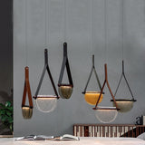 Modern Leather & Glass Bowl Pendant Light  Minimalist Hanging Lamp Chandelier
