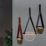 Modern Leather & Glass Bowl Pendant Light  Minimalist Hanging Lamp Chandelier