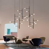 Modern Minimalist 4-Light Pendant Chandelier, Nordic Geometric Line Hanging Light with Frosted Glass Globes, Customizable Linear Chandelier
