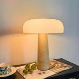 Modern Travertine Stone Table Lamp with Frosted Glass Mushroom Shade - Minimalist Nordic Desk Lamp