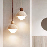Modern Wabi-Sabi Travertine Pendant Light – Natural Stone & Solid Wood Minimalist Hanging Lamp