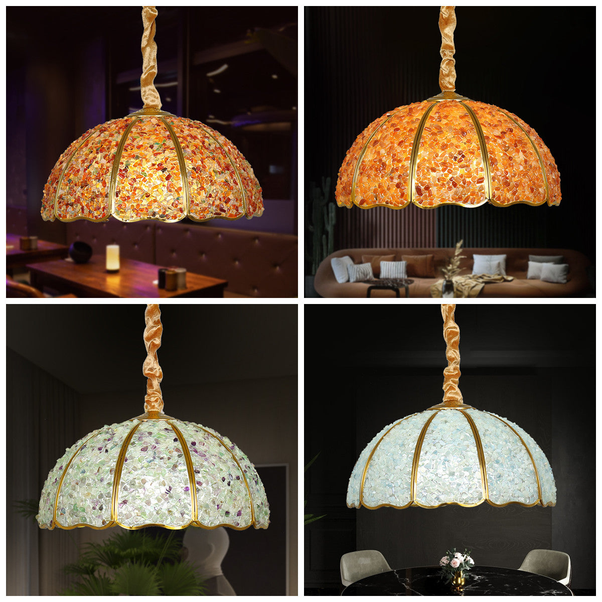 Handmade Mosaic Seashell Copper Crystal Dome Hemispherical Pendant