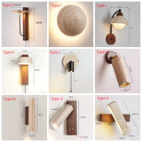 Natural Travertine & Walnut Wood Wall Sconce Collection - Minimalist Stone Sconce, Wabi-Sabi Style LED Wall Lamp