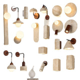 Natural Travertine & Walnut Wood Wall Sconce Collection - Minimalist Stone Sconce, Wabi-Sabi Style LED Wall Lamp