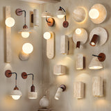 Natural Travertine & Walnut Wood Wall Sconce Collection - Minimalist Stone Sconce, Wabi-Sabi Style LED Wall Lamp