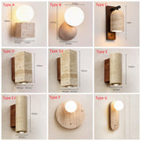 Natural Travertine & Walnut Wood Wall Sconce Collection - Minimalist Stone Sconce, Wabi-Sabi Style LED Wall Lamp
