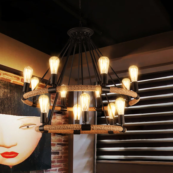 Rustic Industrial Rope Chandelier Vintage Edison Bulb Pendant Light Fixture