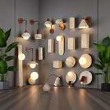 Natural Travertine & Walnut Wood Wall Sconce Collection - Minimalist Stone Sconce, Wabi-Sabi Style LED Wall Lamp