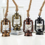 Vintage Industrial Hurricane Lantern Pendant Light – Rustic Hemp Rope Hanging Kerosene Lamp with Clear Shade