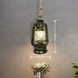 Vintage Industrial Hurricane Lantern Pendant Light – Rustic Hemp Rope Hanging Kerosene Lamp with Clear Shade