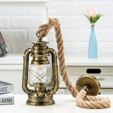 Vintage Industrial Hurricane Lantern Pendant Light – Rustic Hemp Rope Hanging Kerosene Lamp with Clear Shade