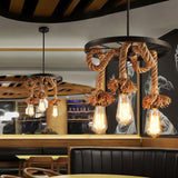 Retro 6-Light Wagon Wheel Hemp Rope Chandelier - Vintage Industrial Pendant Lighting Bulbs Included