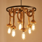 Retro 6-Light Wagon Wheel Hemp Rope Chandelier - Vintage Industrial Pendant Lighting Bulbs Included