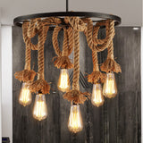 Retro 6-Light Wagon Wheel Hemp Rope Chandelier - Vintage Industrial Pendant Lighting Bulbs Included