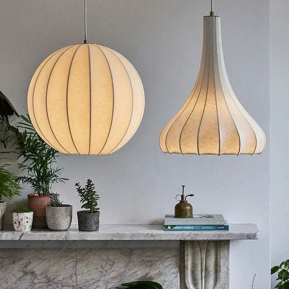 Ribbed Sphere Art Silk Fabric Pendant Light