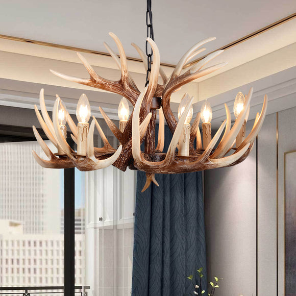 Rustic Faux Resin Antler Chandelier - Vintage Finish Lodge Style Ceiling Fixture with Adjustable Chain