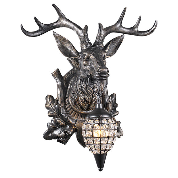 Rustic Stag Head Wall Sconce with Hanged Crystal Cage Pendant Light