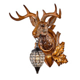 Rustic Stag Head Wall Sconce with Hanged Crystal Cage Pendant Light