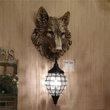 Rustic Wolf Head Wall Sconce with Crystal Cage Lantern - Industrial & Lodge Style Light Fixture