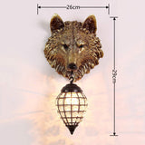 Rustic Wolf Head Wall Sconce with Crystal Cage Lantern - Industrial & Lodge Style Light Fixture