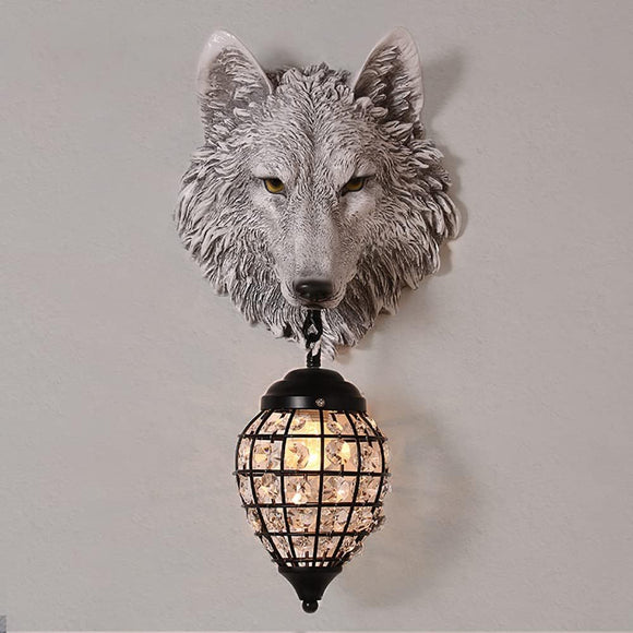 Rustic Wolf Head Wall Sconce with Crystal Cage Lantern - Industrial & Lodge Style Light Fixture