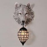 Rustic Wolf Head Wall Sconce with Crystal Cage Lantern - Industrial & Lodge Style Light Fixture