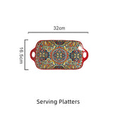 Boho Ceramic Dinner Plates Red Set  Tableware Dinnerware Set Hand-painted Printed Underglaze Ceramic Tableware