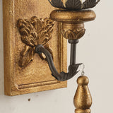 Vintage Hand-Carved Wood & Iron Wall Light, Antique Gold Finish Sconce with Tassel Accent