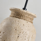 Wabi-Sabi Natural Travertine Stone Pendant Light – Rustic Cream Stone Hanging Lamp with Rope Detail