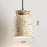 Wabi-Sabi Natural Travertine Stone Pendant Light – Rustic Cream Stone Hanging Lamp with Rope Detail