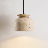 Wabi-Sabi Natural Travertine Stone Pendant Light – Rustic Cream Stone Hanging Lamp with Rope Detail