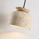 Wabi-Sabi Natural Travertine Stone Pendant Light – Rustic Cream Stone Hanging Lamp with Rope Detail
