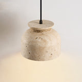Wabi-Sabi Natural Travertine Stone Pendant Light – Rustic Cream Stone Hanging Lamp with Rope Detail