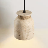 Wabi-Sabi Natural Travertine Stone Pendant Light – Rustic Cream Stone Hanging Lamp with Rope Detail