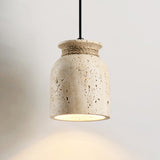 Wabi-Sabi Natural Travertine Stone Pendant Light – Rustic Cream Stone Hanging Lamp with Rope Detail