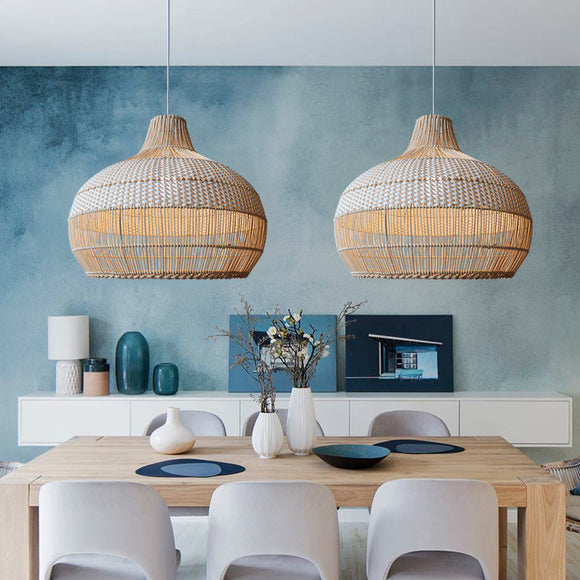 Wicker Rattan Basket Pendant Lighting Fixture Adjustable Cord Hanging Lamp heparts