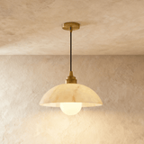 Modern Alabaster Dome Pendant Light with Brass Details & Globe