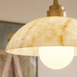 Modern Alabaster Dome Pendant Light with Brass Details & Globe