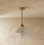 Modern Alabaster Dome Pendant Light with Brass Details & Globe