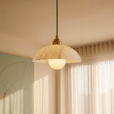 Modern Alabaster Dome Pendant Light with Brass Details & Globe