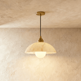 Modern Alabaster Dome Pendant Light with Brass Details & Globe