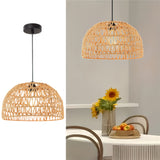 Dome Woven Rattan Pendant Light Hand-Woven Natural Fiber Bell-Shaped Hanging Lamp