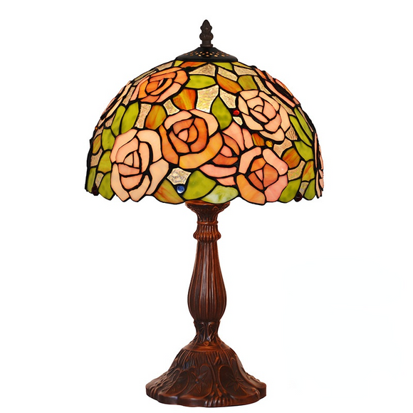 Rose 12 Inch Tiffany Lamp Classical Table Lamp Stained Glass Brown Zinc Alloy Base