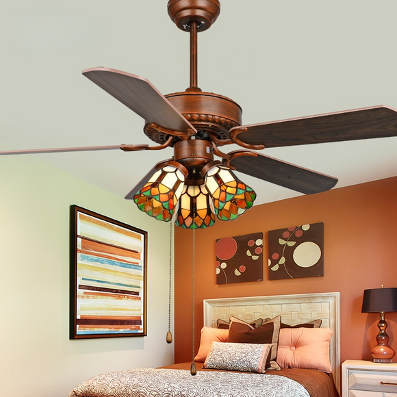 4-Blade 3-Lights Ceiling Fan Light Fan Light Tiffany Restaurant American  Wood Leaf Retro Mute with Light Kit