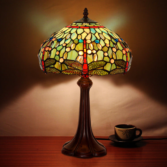 Dragonfly 12 Inch Tiffany Lamp Classical Table Lamp Stained Glass Brown Zinc Alloy Base