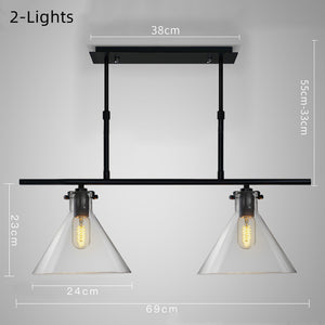 2/3 Lights Island Lamp Industrial Cone Clear Glass Hanging Lighting in Black for Dining Table