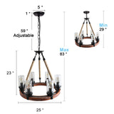 Rustic Farmhouse 6-Light Industrial Chandelier with Rope Hangers and Glass Shades
