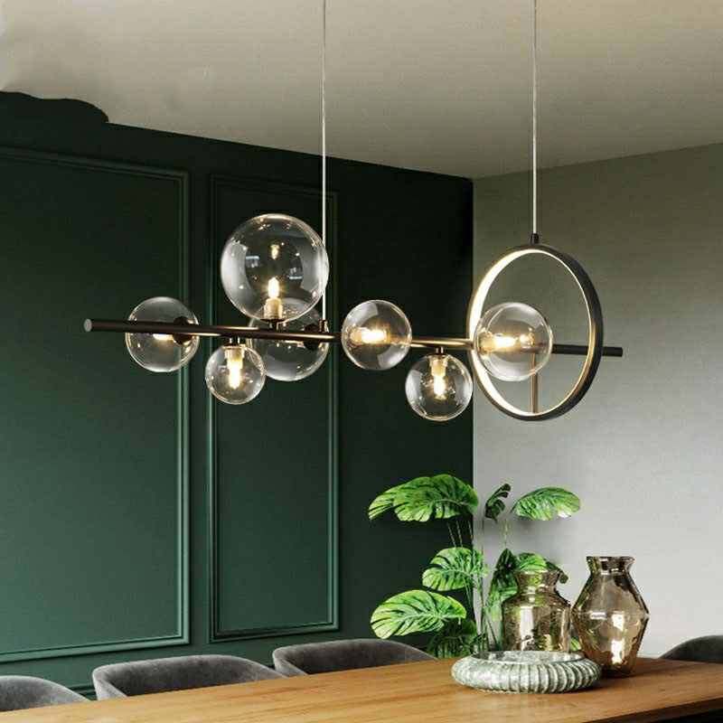 Bubi 10 Light Modern Linear Kitchen Island Light in Gold with Glass Globe Shade