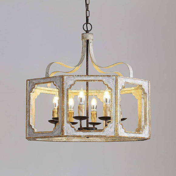Bohemia 8-Sides&Lights Vintage Square Wood Metal Chandeliers Retro Hanging Lamp for Dining Living Room